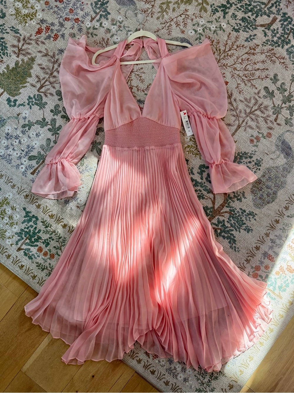 NEW Alice + Olivia Pink Dress Pleated Midi Balloon Puff Jasmine Sleeve, Small